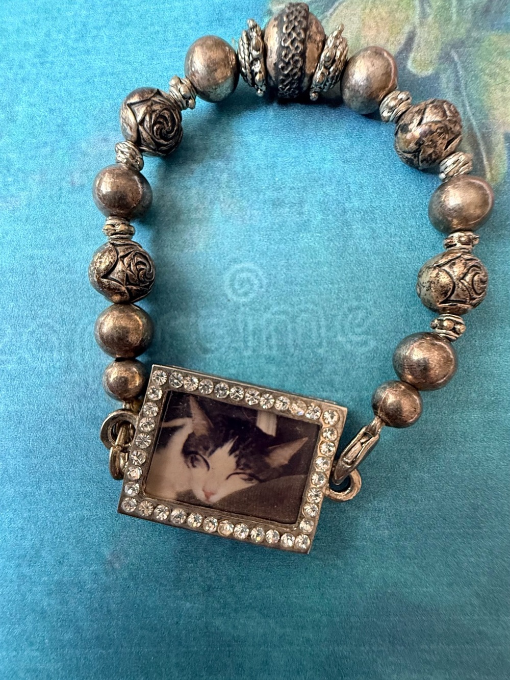 Vintage Silver-Tone Beaded Photo Charm Bracelet - Silver